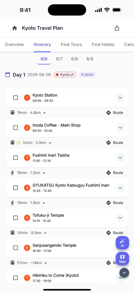 Kyoto itinerary screen showing time-ordered places and travel routes