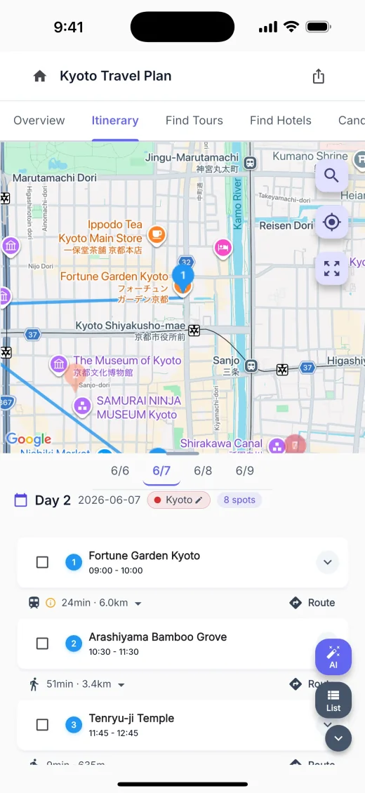 Completed trip plan with a map and timed itinerary