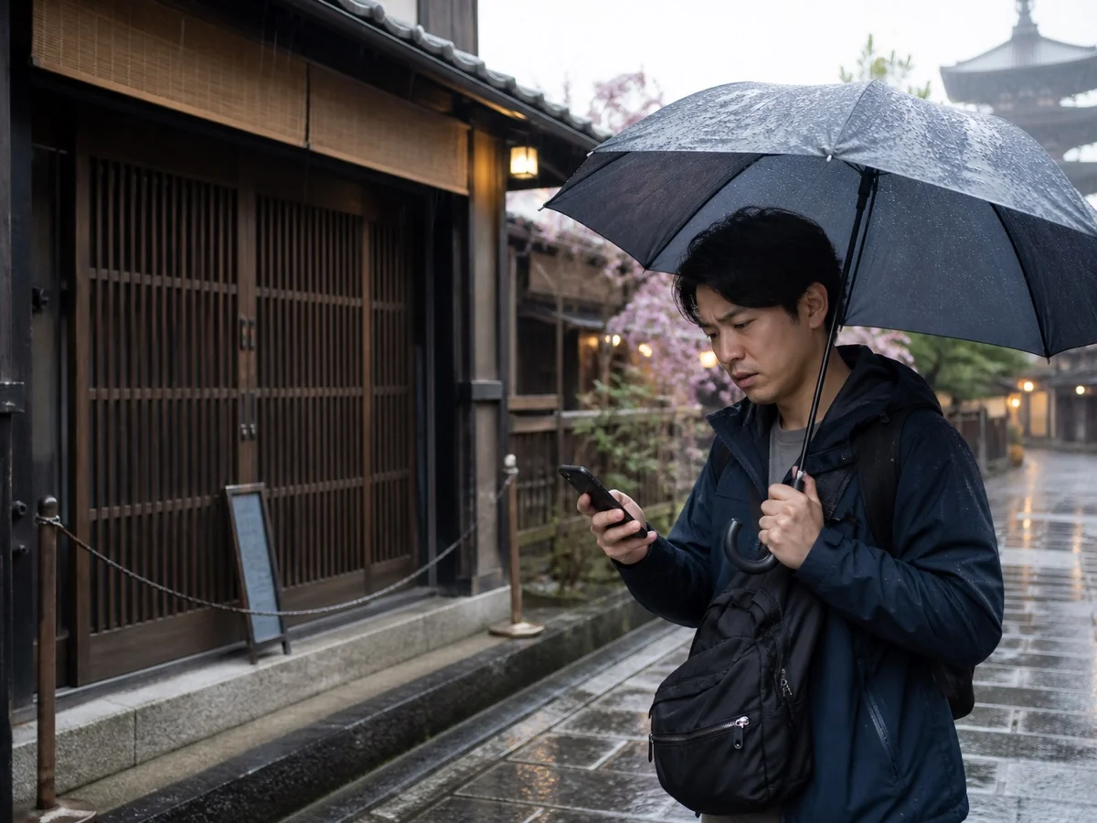 雨の旅行先で休業した目的地を前にスマートフォンで次の行き先を探す旅行者