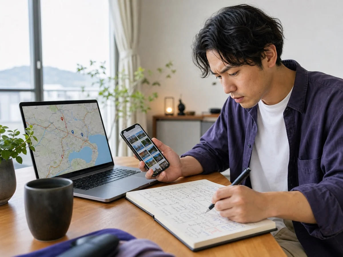 スマートフォン、地図、ノートを見ながら旅行計画を手作業でまとめる旅行者